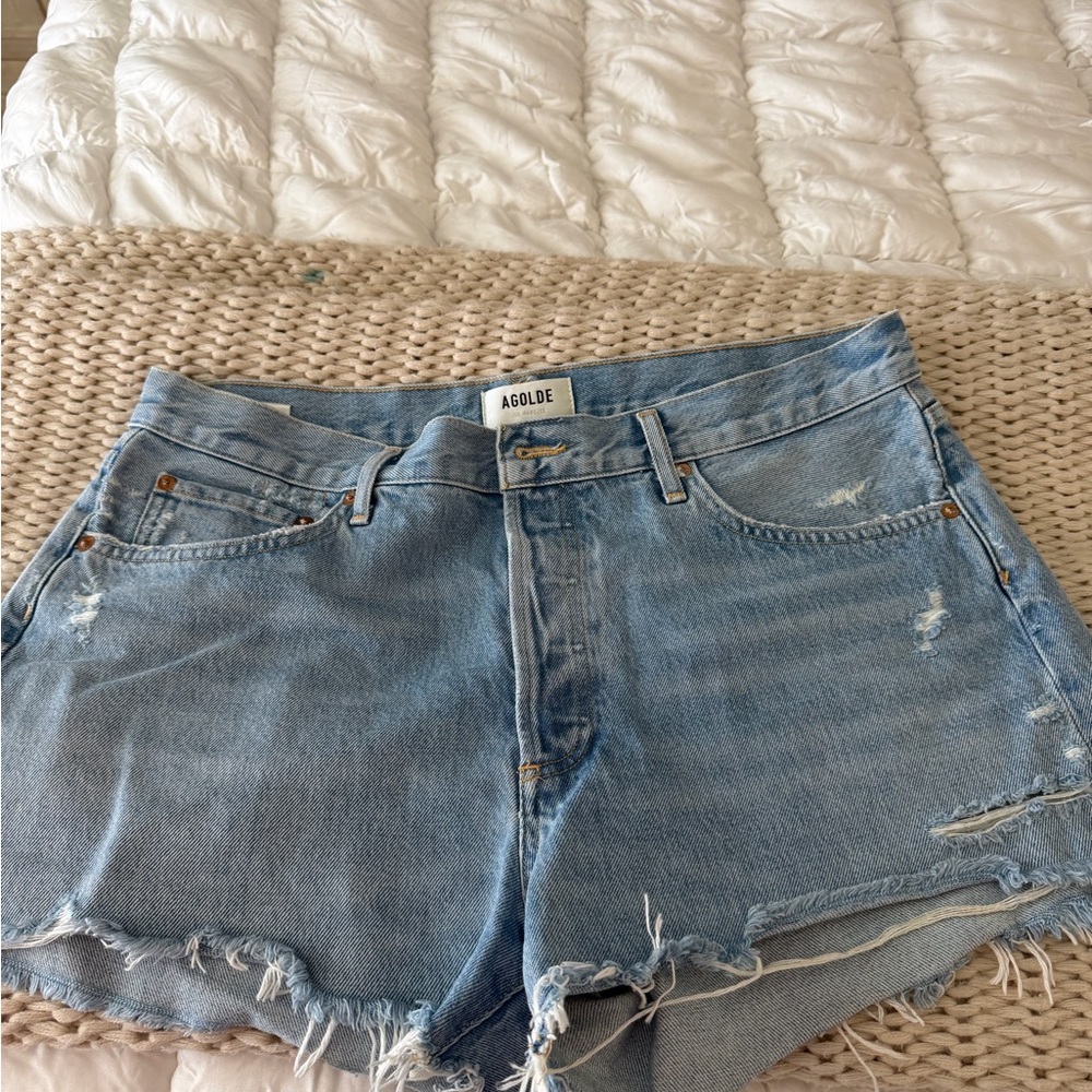 Agolde Distressed Light Blue Jean Shorts
